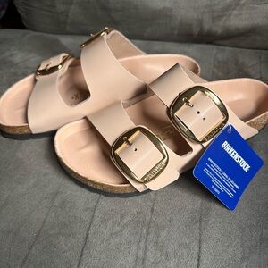Birkenstock Light Brown Sandals with Gold Accents